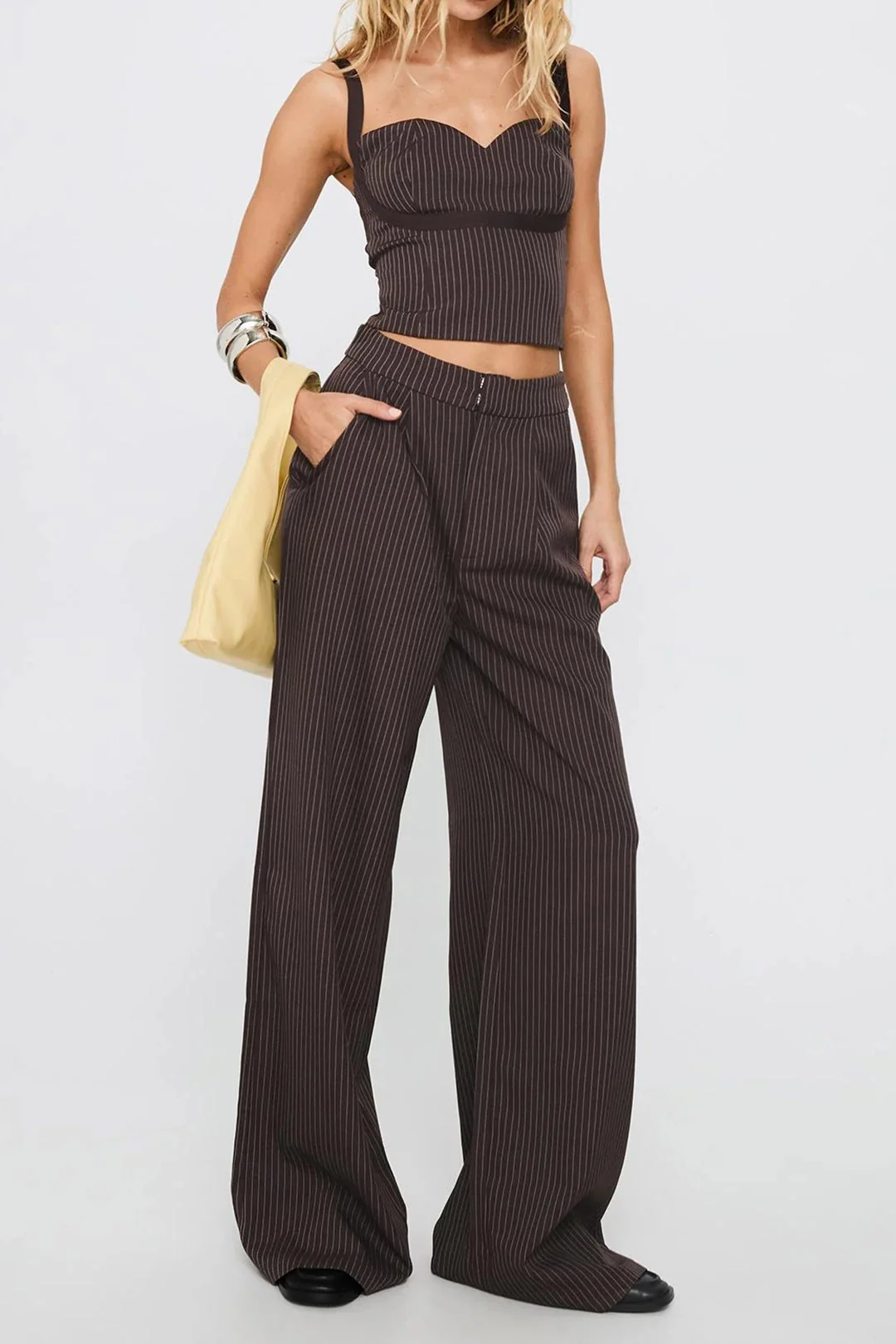 Stripes Print Cami Top And Pocket Zipper Wide Leg Trousers Set