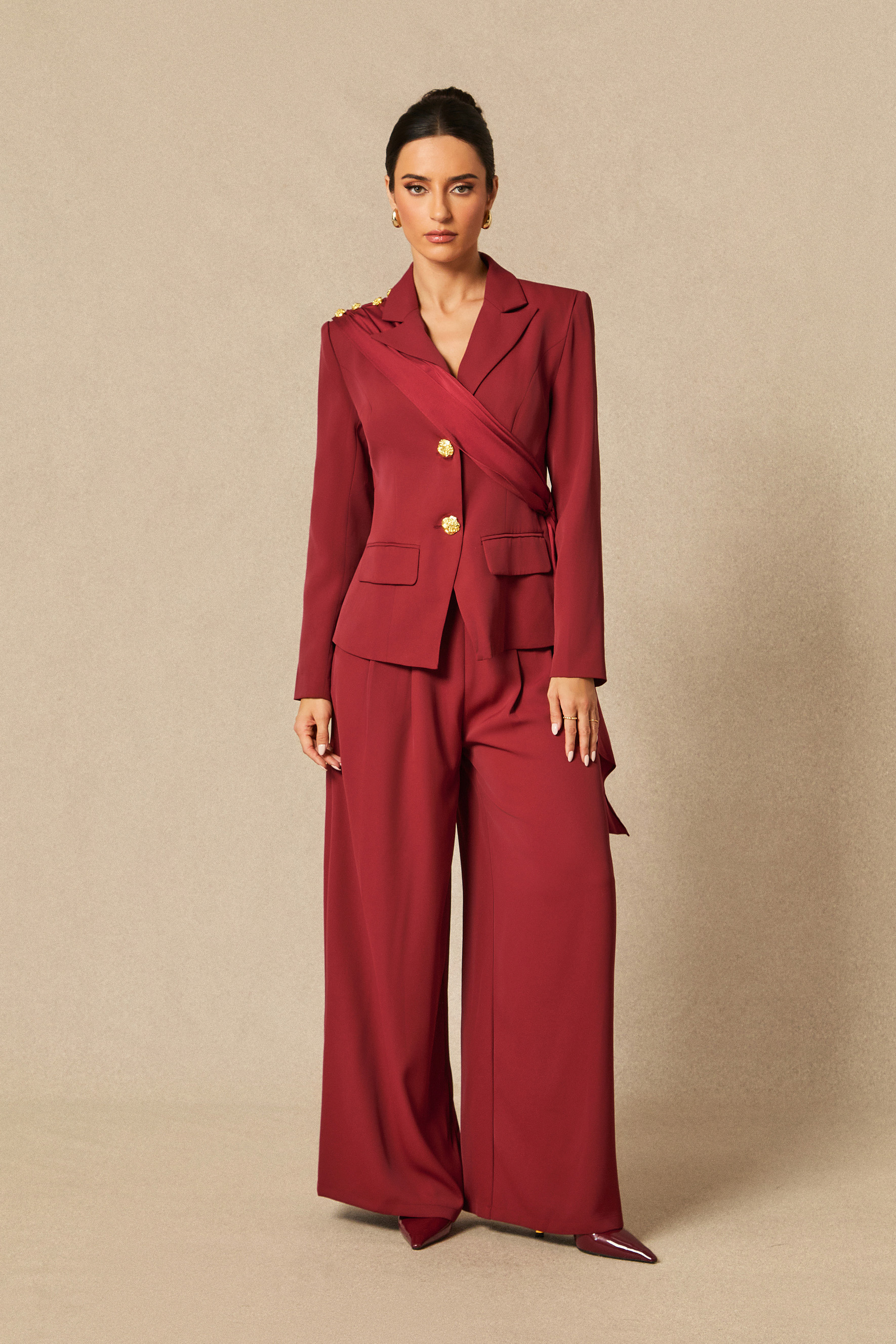 Chicness Burgundy Blazer & Wide-Leg Pants Set