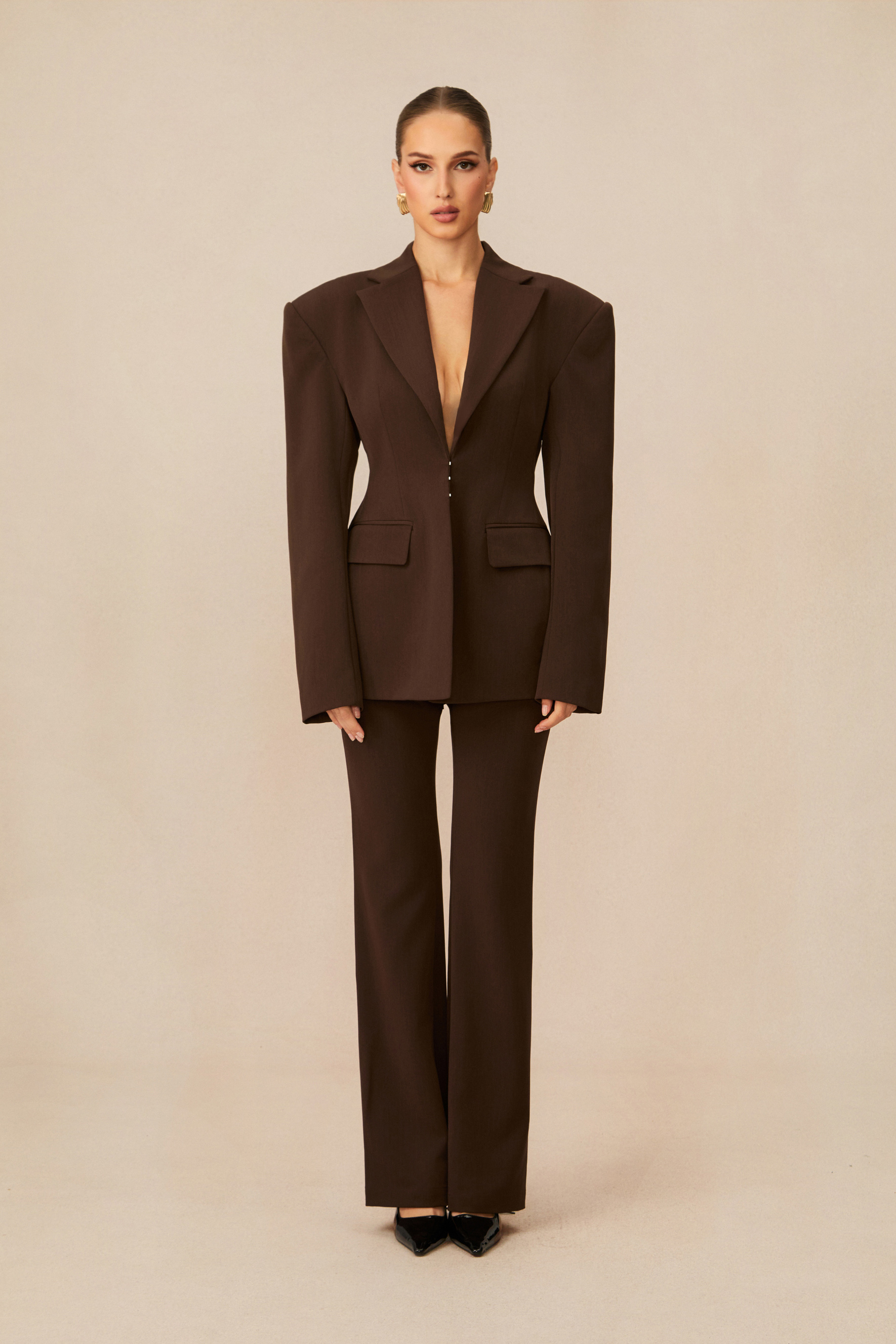 Lace Up Wide Shoulder Blazer & Trousers Set