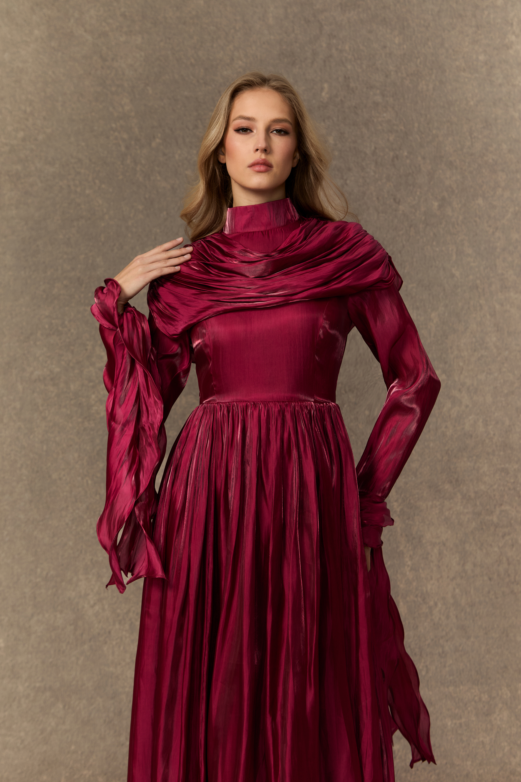 Elegance Burgundy Ruffled Cuff Pleated Maxi Dress