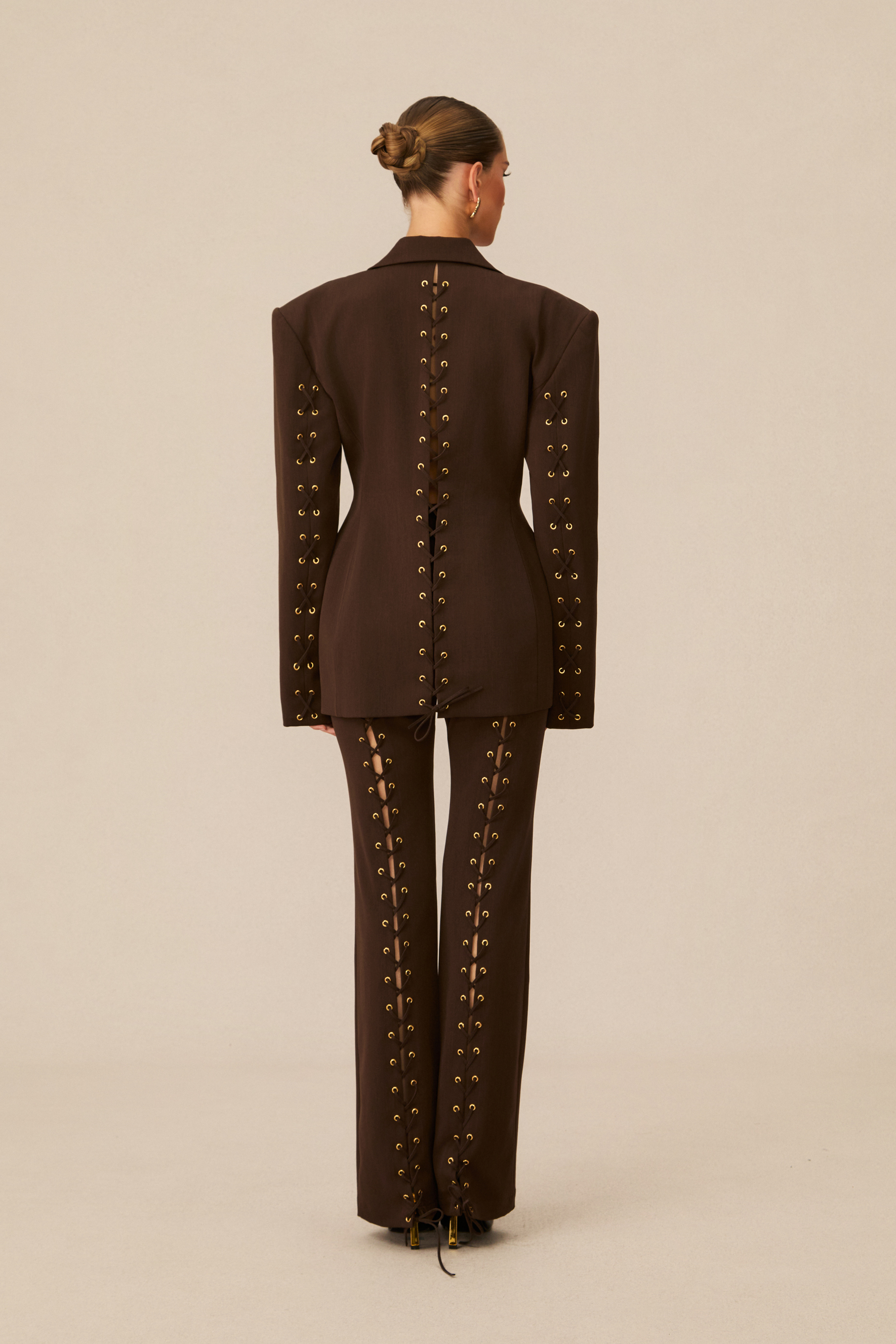 Lace Up Wide Shoulder Blazer & Trousers Set