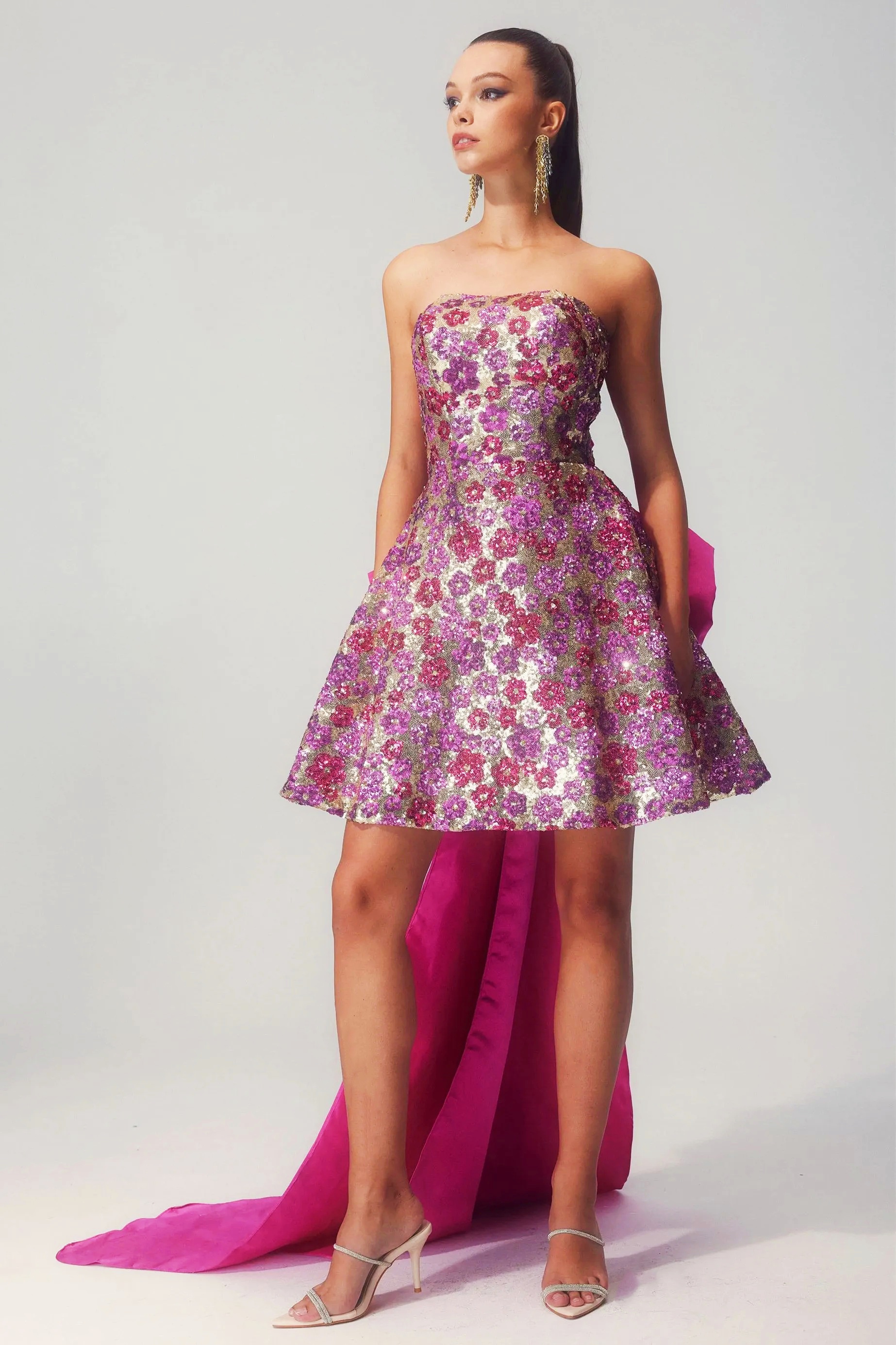 Flower Sequin Bowknot Mini Dress